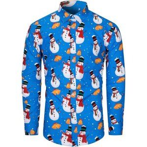Mens Christmas Novelty Blue Shirt Ugly Santa Claus Button Down Long Sleeve Funny